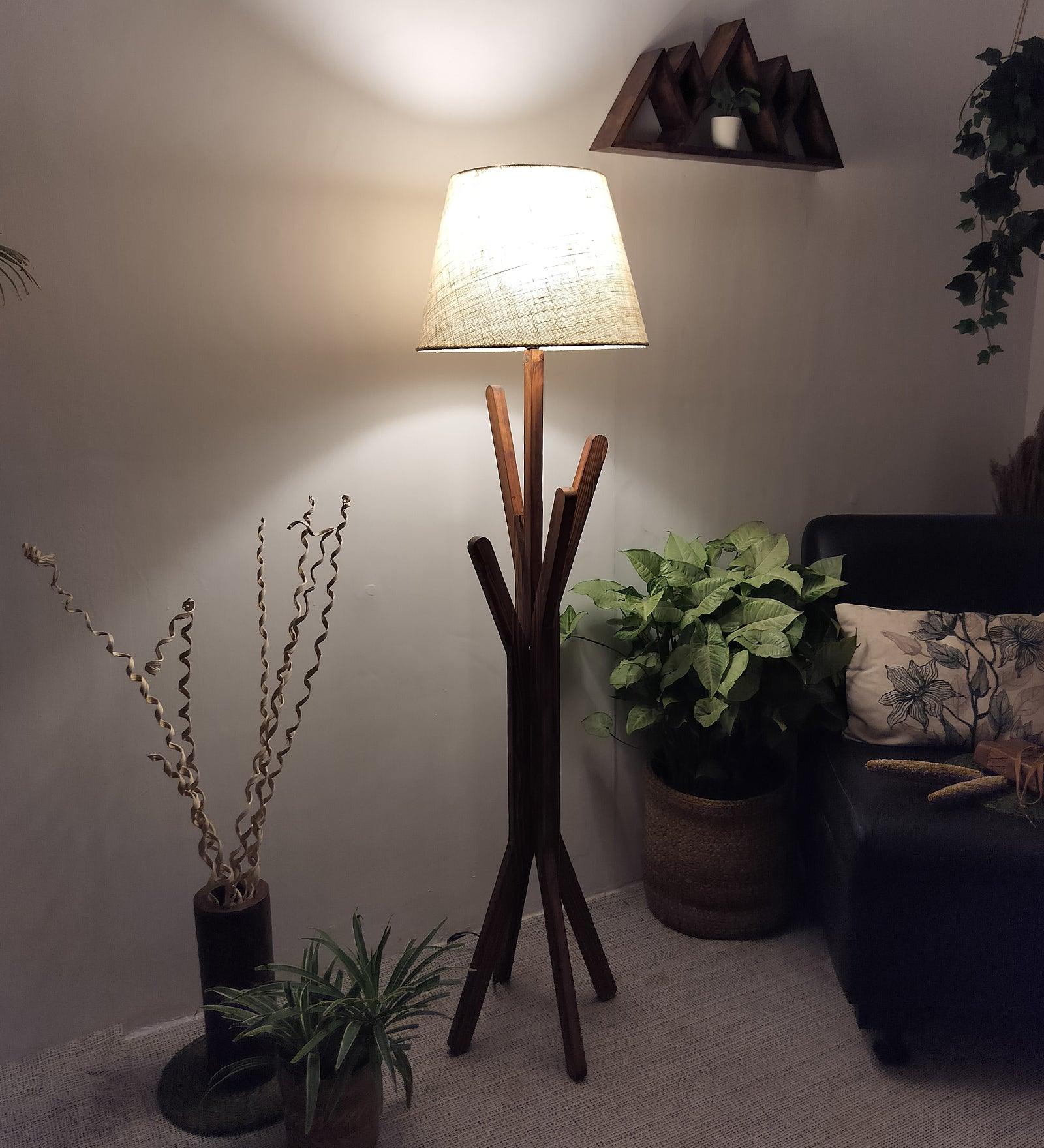 Vrikshya Wooden Floor Lamp with Brown Base and Premium Beige Fabric Lampshade - WoodenTwist