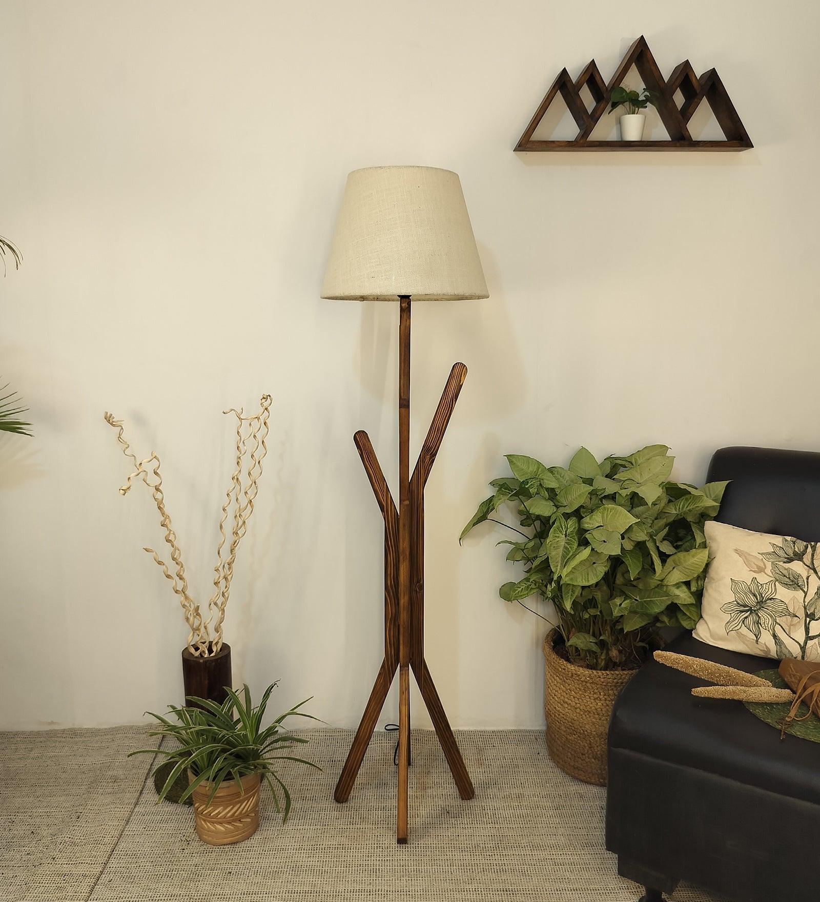 Vrikshya Wooden Floor Lamp with Brown Base and Premium Beige Fabric Lampshade - WoodenTwist