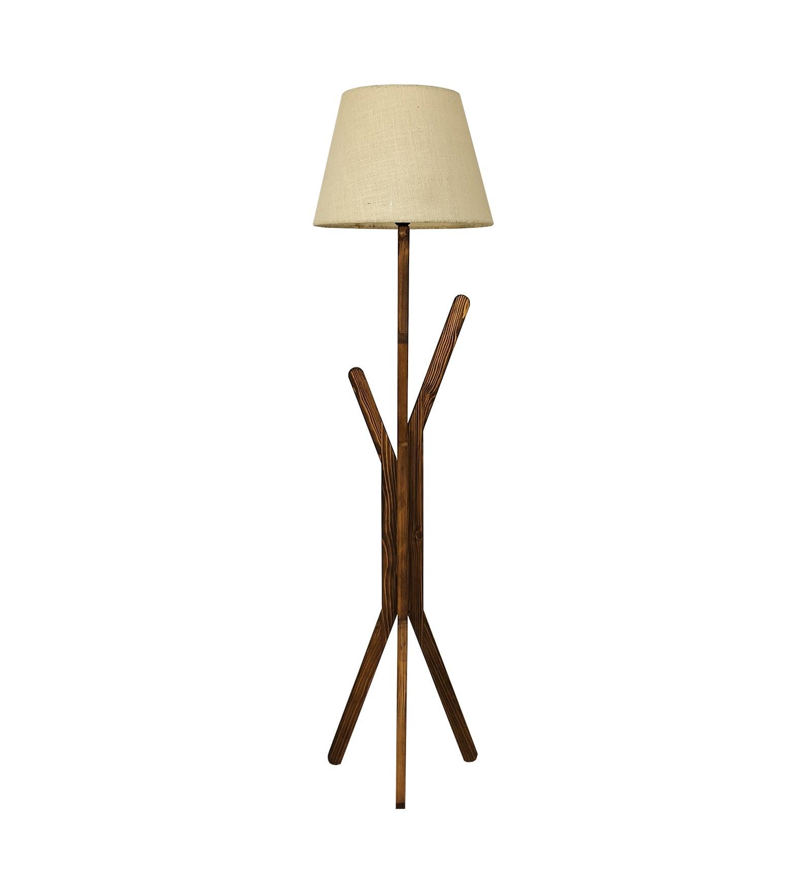 Vrikshya Wooden Floor Lamp with Brown Base and Premium Beige Fabric Lampshade - WoodenTwist