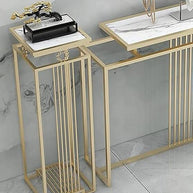 Luxurious Modern Rectangle Console Table Set with White Marble Top and Storage Box (White & Golden) - 3 Piece Set - WoodenTwist