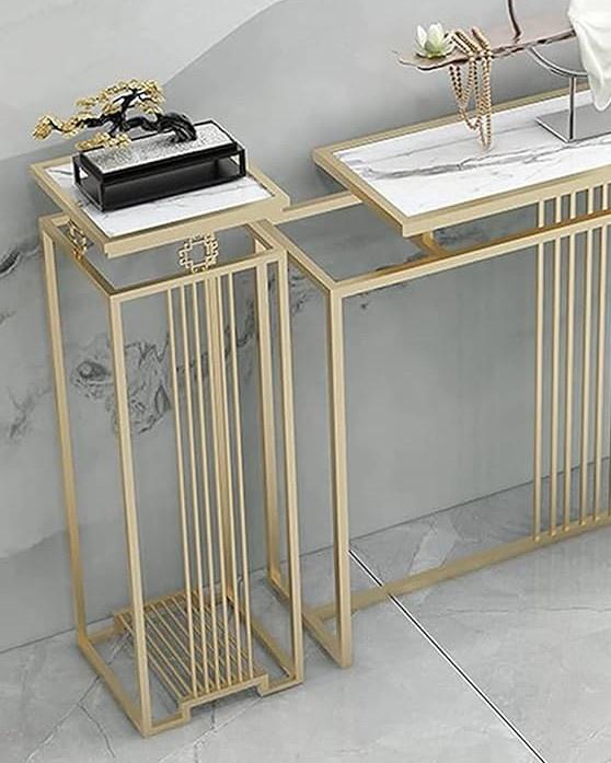 Luxurious Modern Rectangle Console Table Set with White Marble Top and Storage Box (White & Golden) - 3 Piece Set