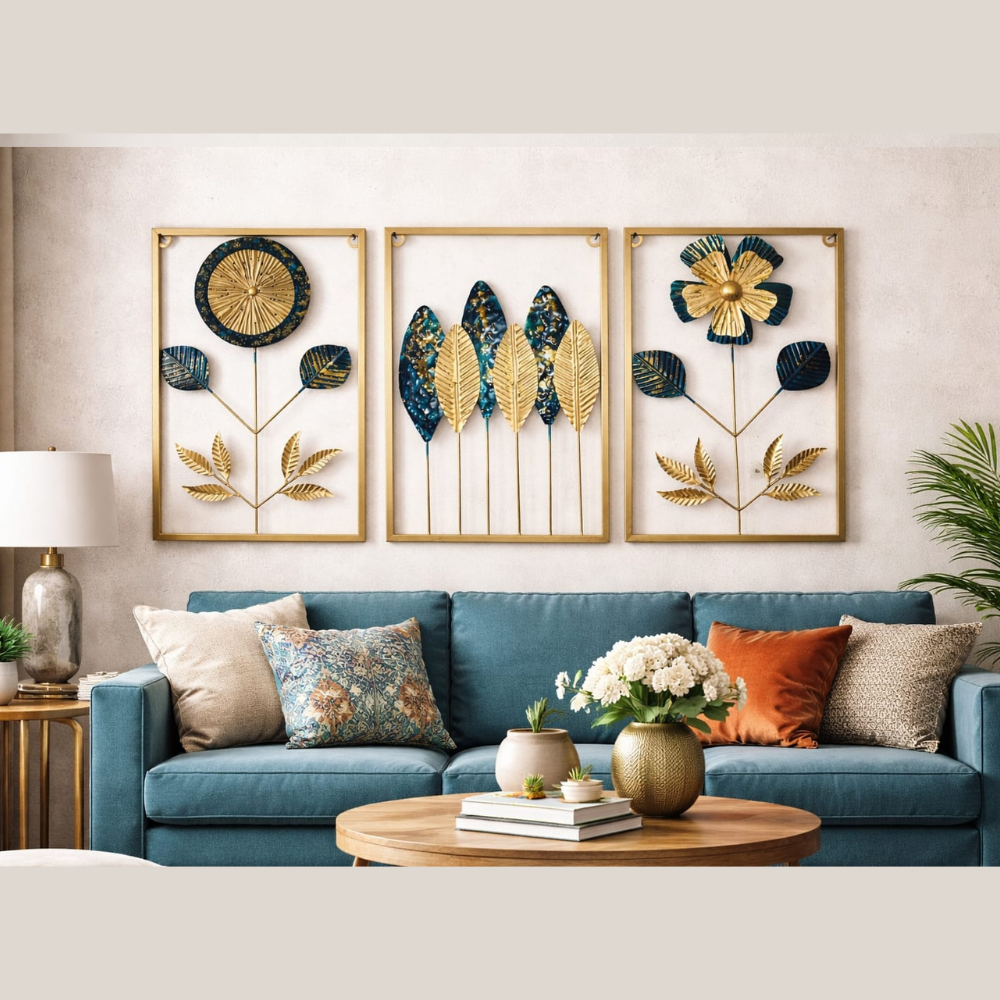 Golden and blue florals, framed in gold