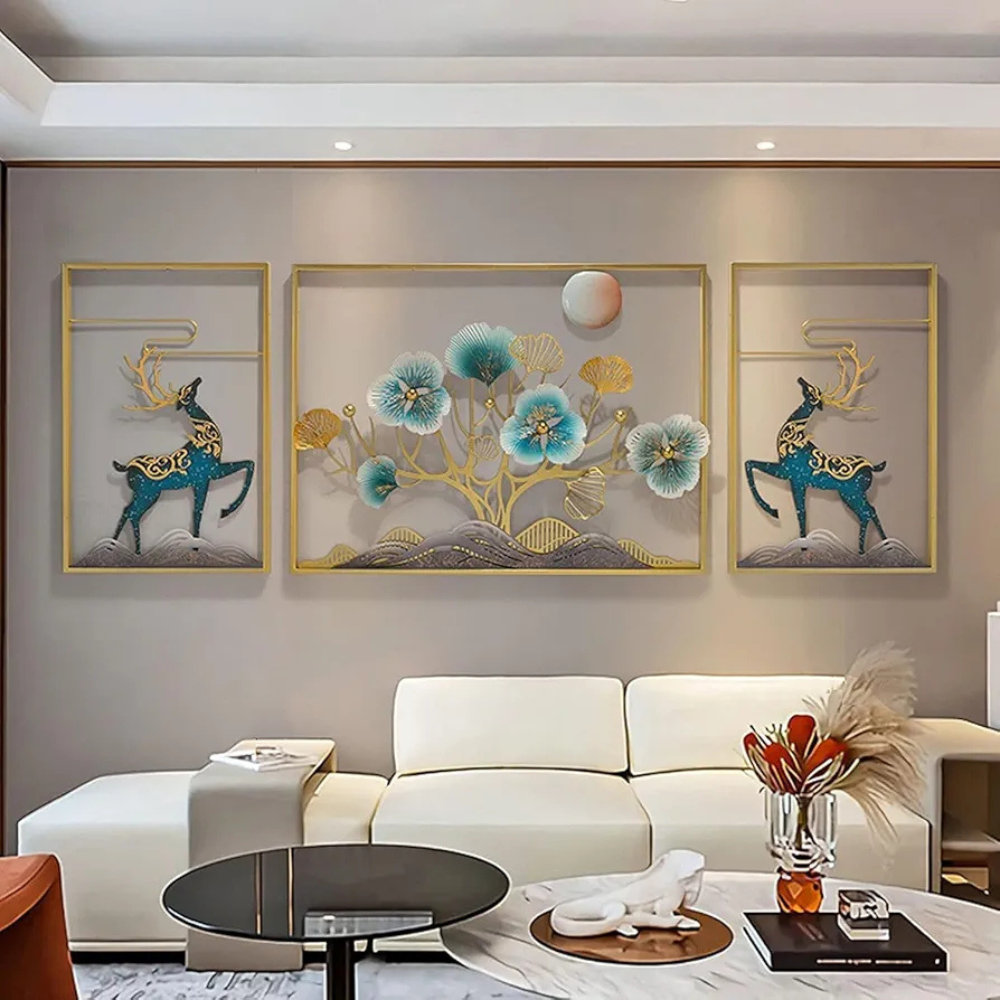 Golden & blue deer in abstract florals
