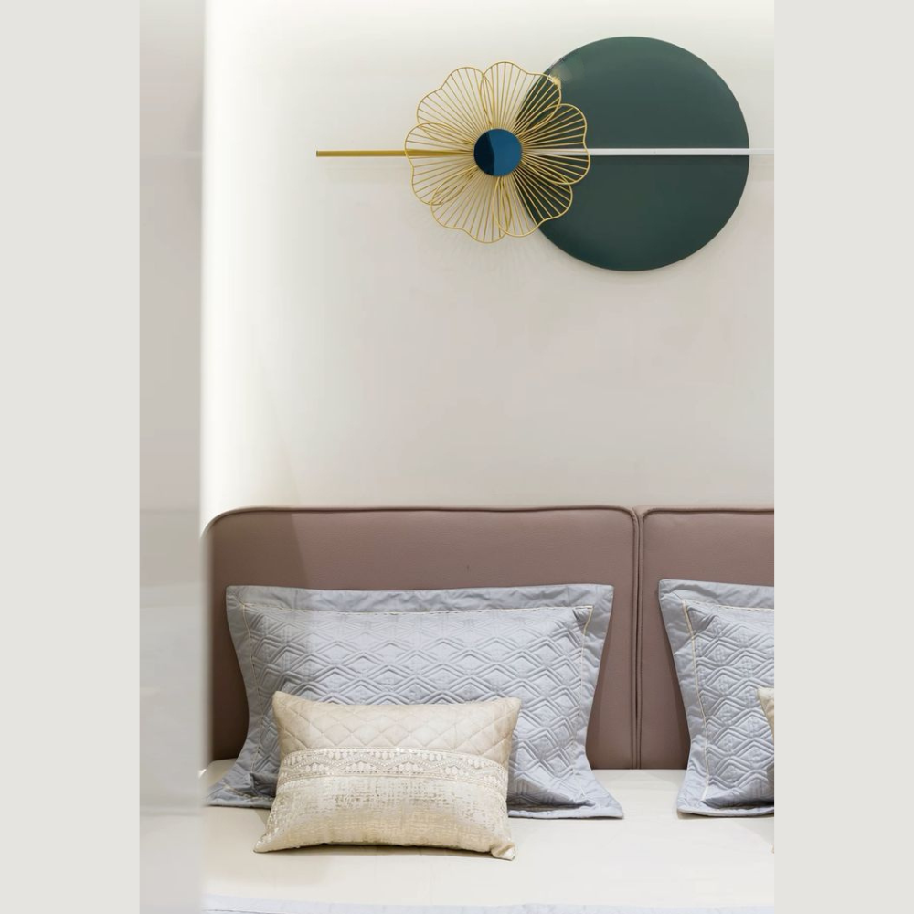 Modern Abstract Geometric Golden Flower & Green Circular Metal Wall Art