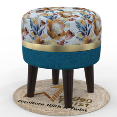 Wooden Twist Flank Puffy Ottoman Stool For Living Room ( Beige & Blue ) - WoodenTwist