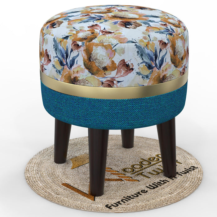 Wooden Twist Flank Puffy Ottoman Stool For Living Room ( Beige & Blue ) - WoodenTwist