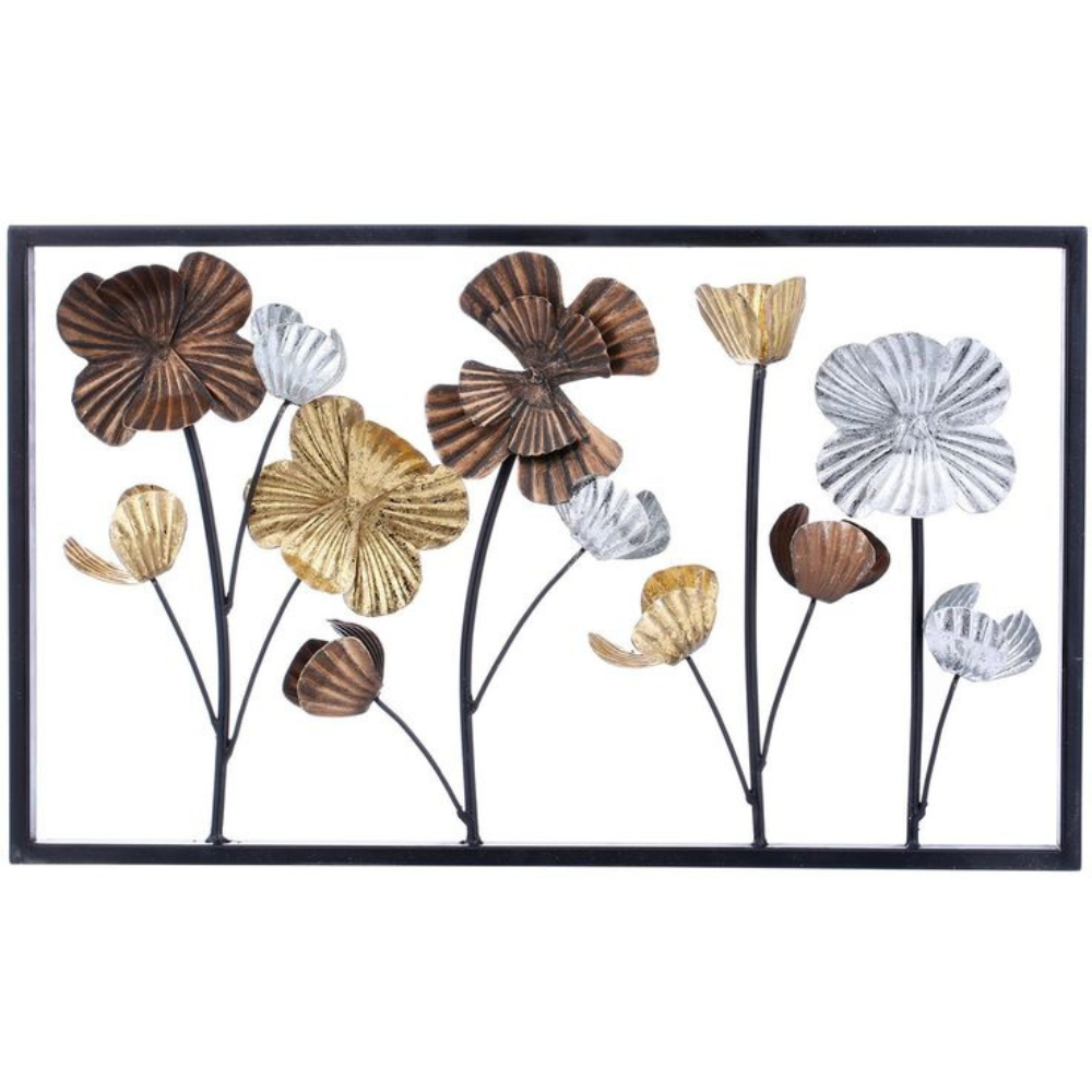 Modern Golden, Brown & Silver Floral With Rectangular Frame Metal Wall Art
