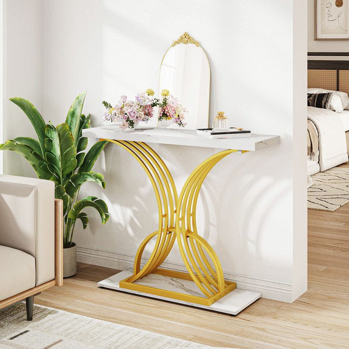 Luxurious Rectangle Console Table with White Wooden Top - White & Golden
