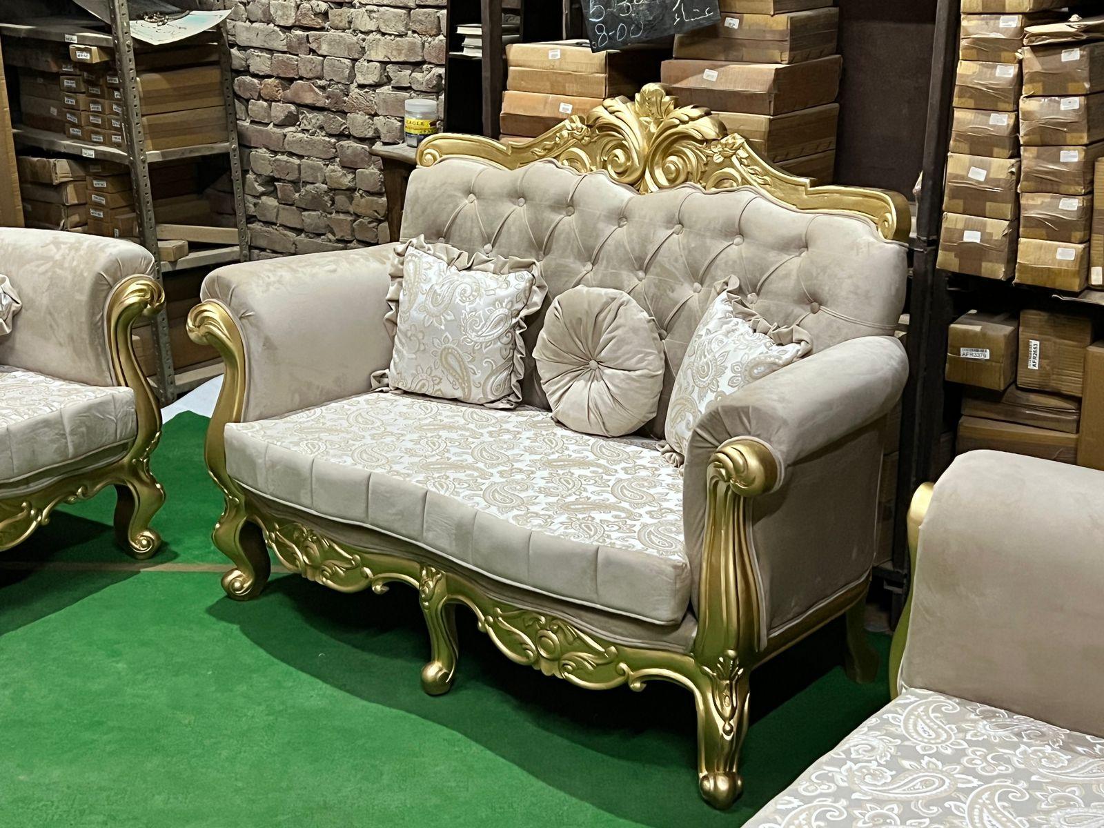 Handmade Royal Antique Golden Finish Carved Sofa (3 Seater) - WoodenTwist