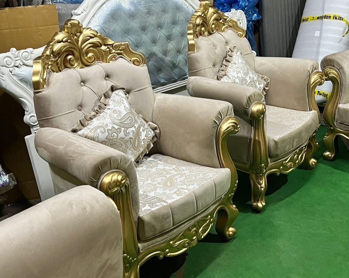 Handmade Royal Antique Golden Finish Carved Sofa (3 Seater) - WoodenTwist