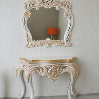 Wooden Twist Hand Carved Antique Look Solid Teak Wood Console Table With Mirror ( Golden Leaf ) - WoodenTwist