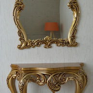 Wooden Twist Hand Carved Solid Teak Wood Console Table With Mirror ( Golden ) - WoodenTwist