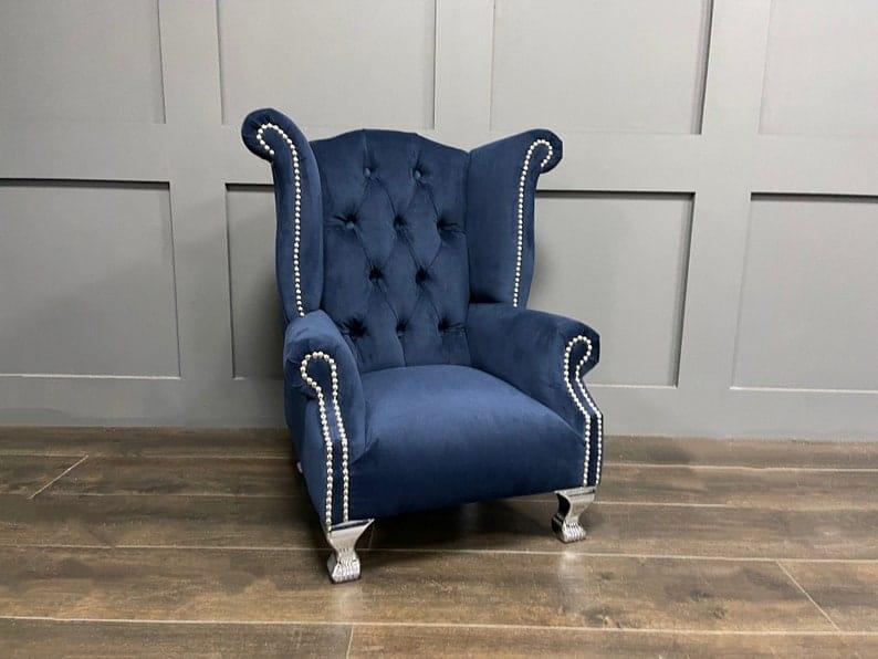 Wooden Twist Tufted Majestic Solid Wood Wing Back Arm Chair ( Blue ) - WoodenTwist