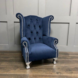Wooden Twist Tufted Majestic Solid Wood Wing Back Arm Chair ( Blue ) - WoodenTwist