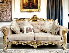 Handmade Royal Antique Golden Finish Carved Sofa (3 Seater) - WoodenTwist