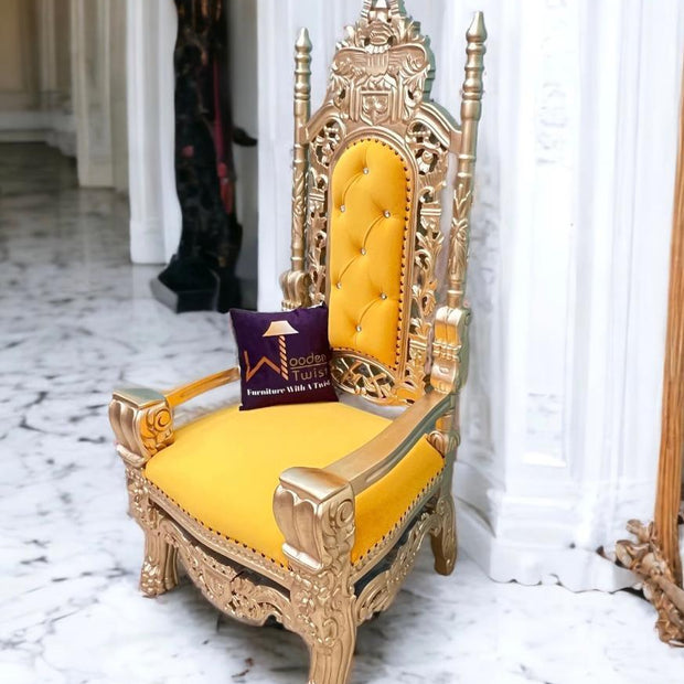 Luxurious High Back Throne Chair (Golden) - WoodenTwist