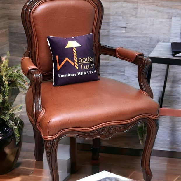 Wooden Twist Etch Hand Carved Teak Wood Arm Chair ( Brown ) - WoodenTwist