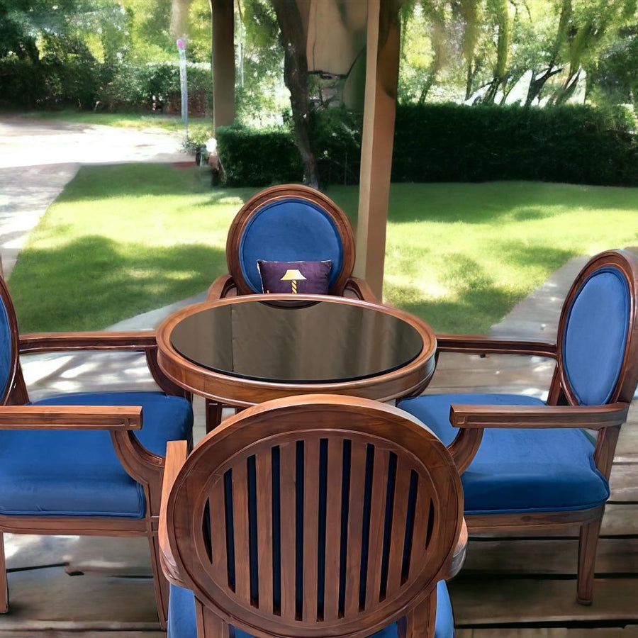 Blue Holland fabric on teak wood
