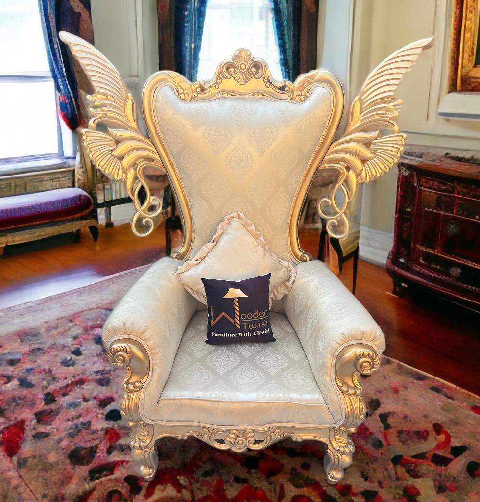 Wooden Twist Pennon Style Teak Wood High Back Throne Chair With Special Wings - WoodenTwist