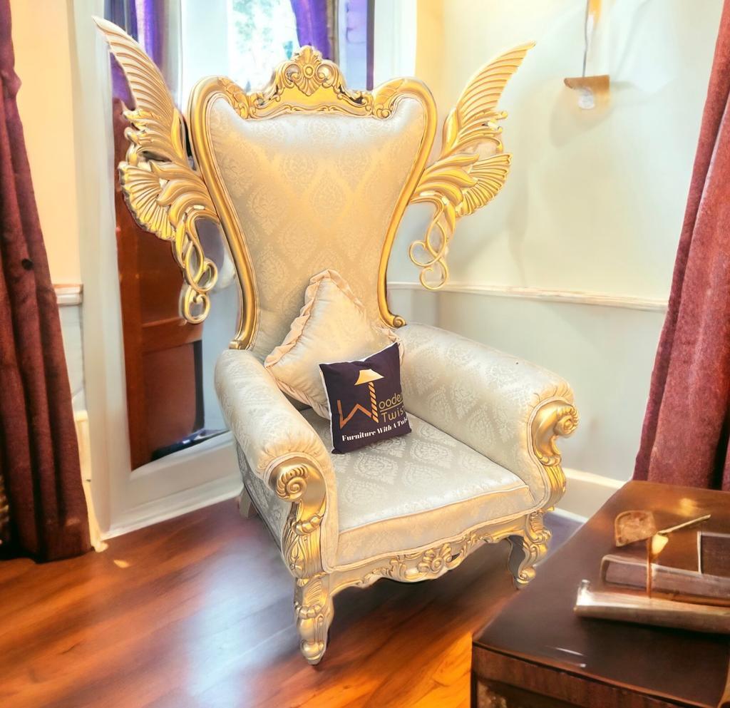 Wooden Twist Pennon Style Teak Wood High Back Throne Chair With Special Wings - WoodenTwist