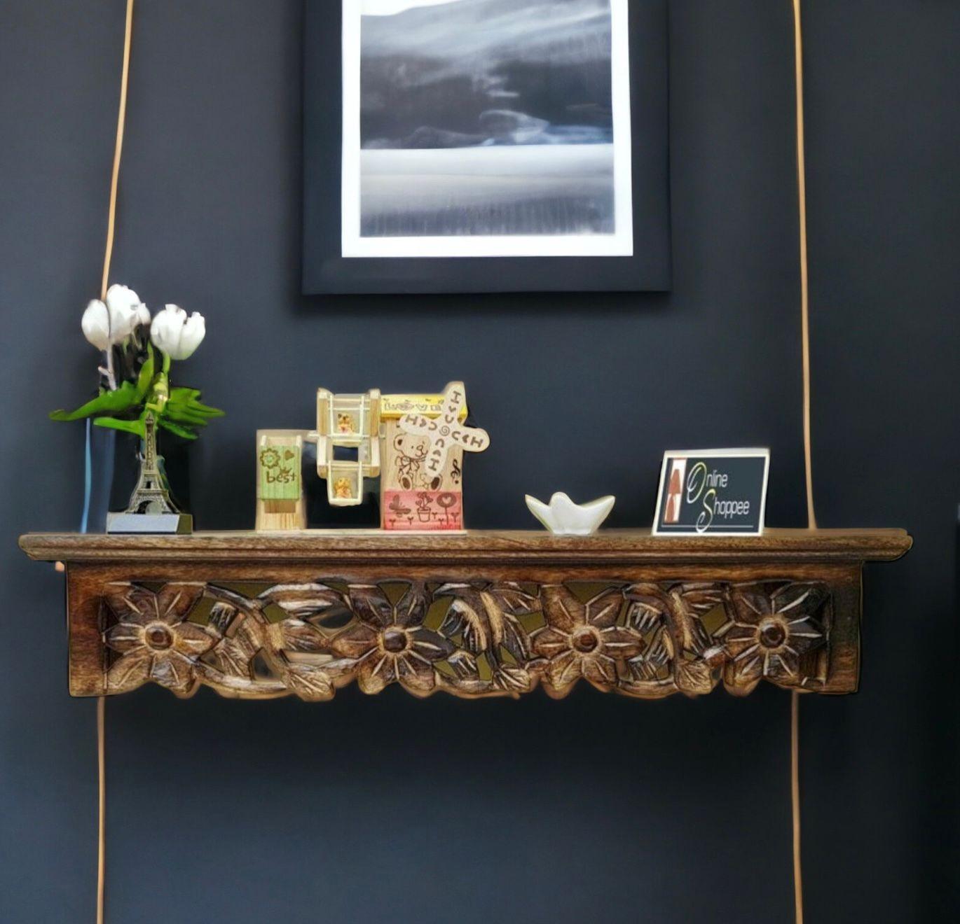 Onlineshoppee Wooden Hand Carved Wall Shelf with Jali Work - WoodenTwist