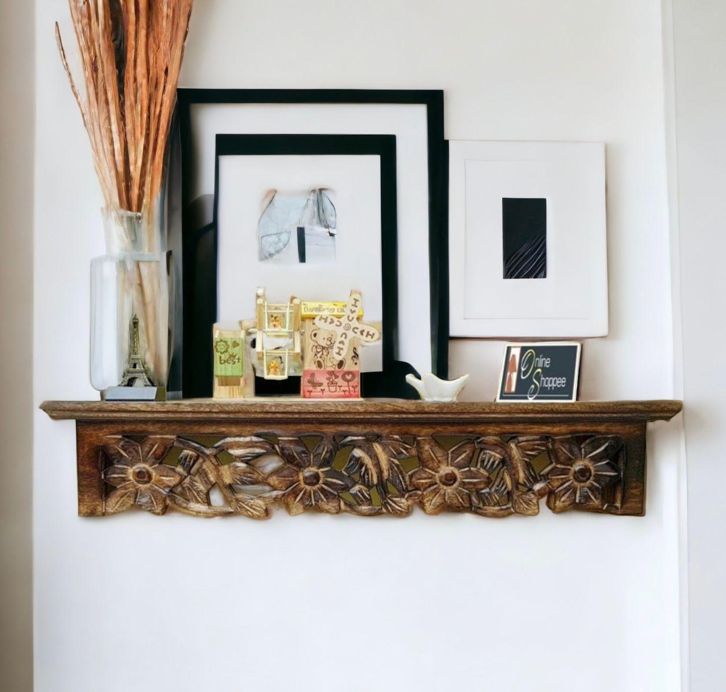 Onlineshoppee Wooden Hand Carved Wall Shelf with Jali Work - WoodenTwist