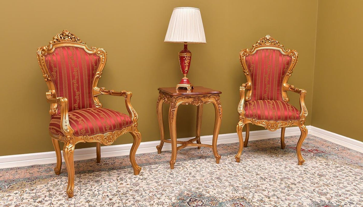 Hand carved teak wood armchairs with end table