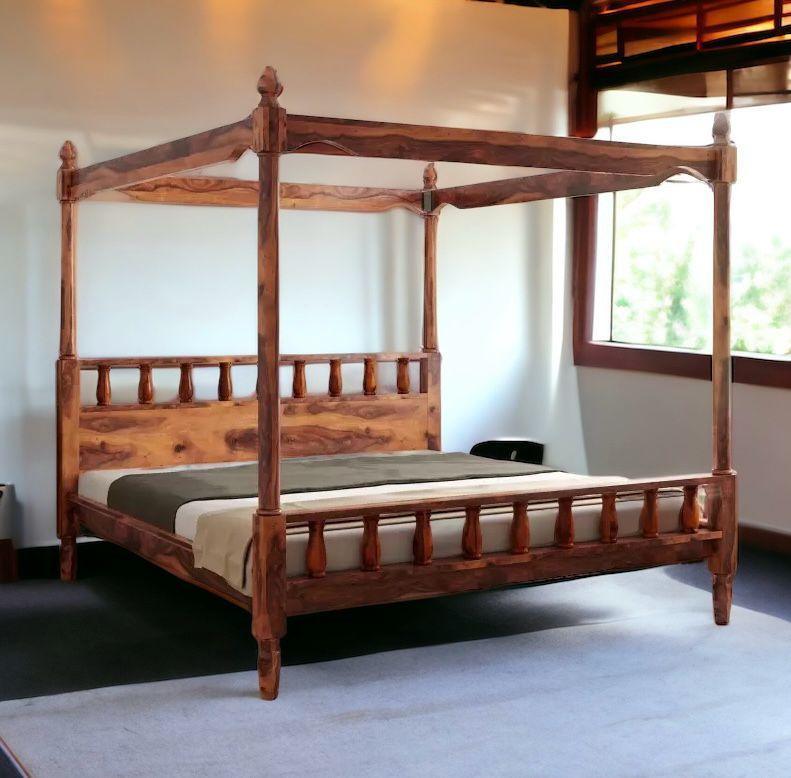 Handmade acacia wood four-poster bed