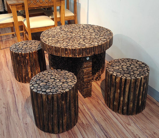 Wooden Antique Round Shaped Coffee Table With 4 Stool - WoodenTwist