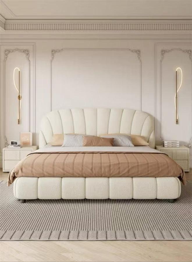 Textured boucle upholstery on a solid wood base