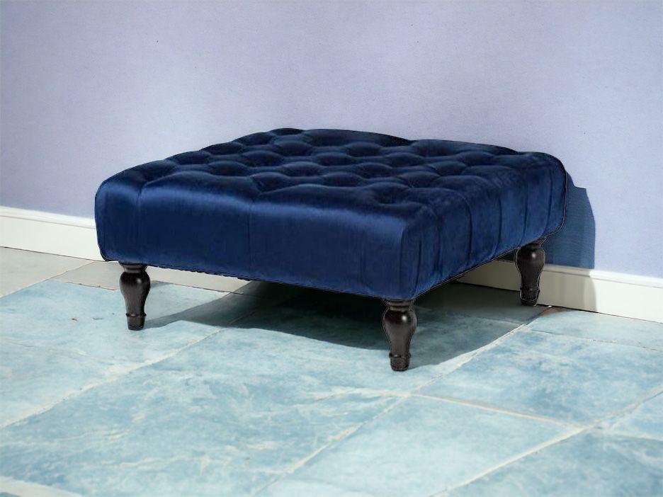 Wooden Twist Tufted Solid Wood Square Shape Velvet Fabric Chowki Vintage Style Ottoman for Living Room Decor - WoodenTwist