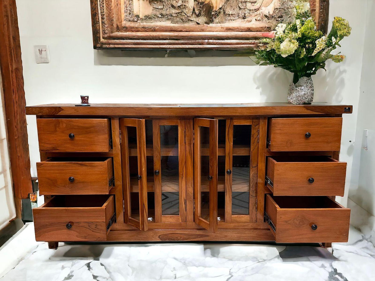 Lucullan Teak Wood Sideboard - showcase top surface