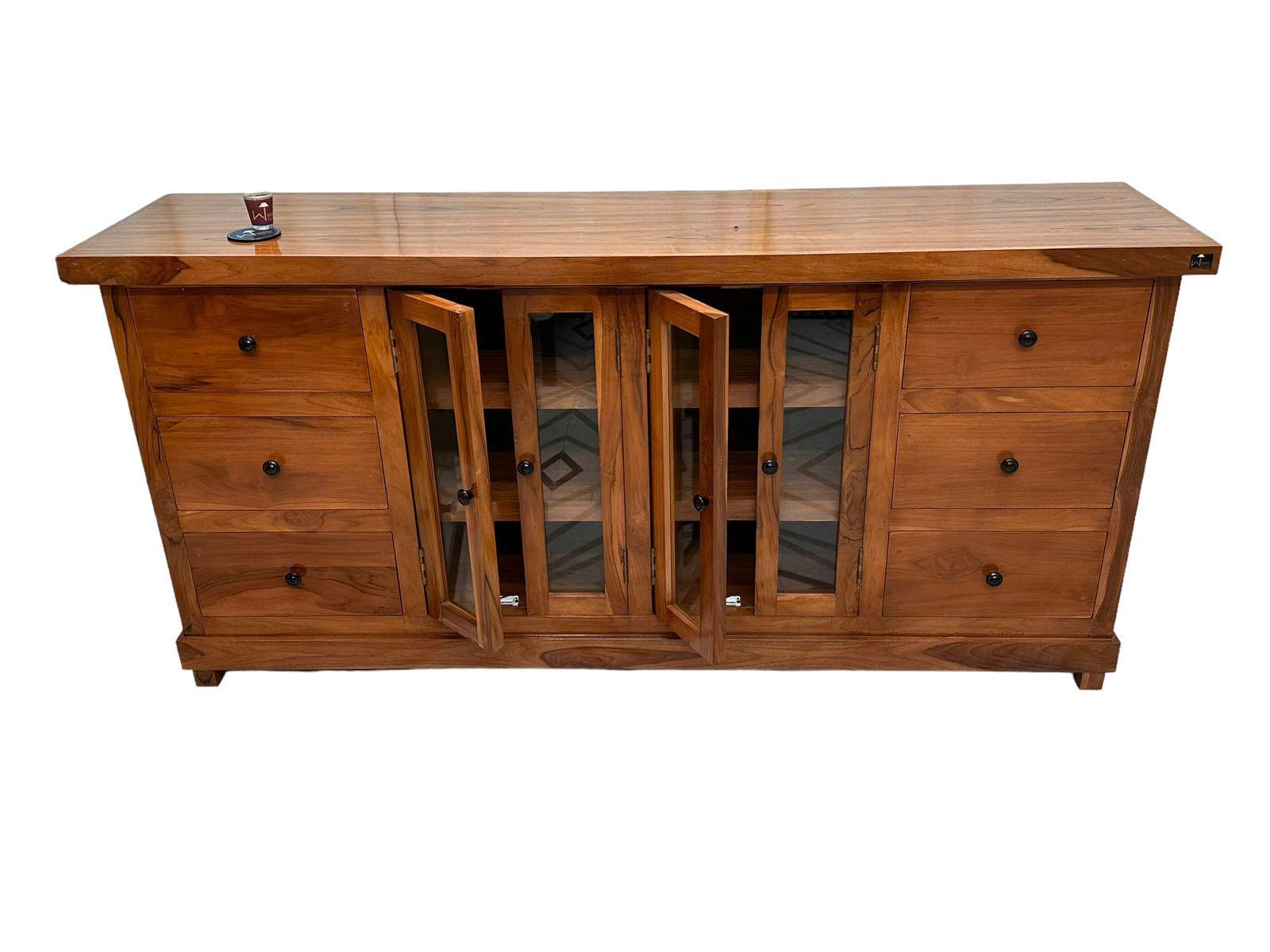 Wooden Twist Lucullan Teak Wood Sideboard Crockery Storage Cabinet with Drawers Doors For Dining Room Brown
