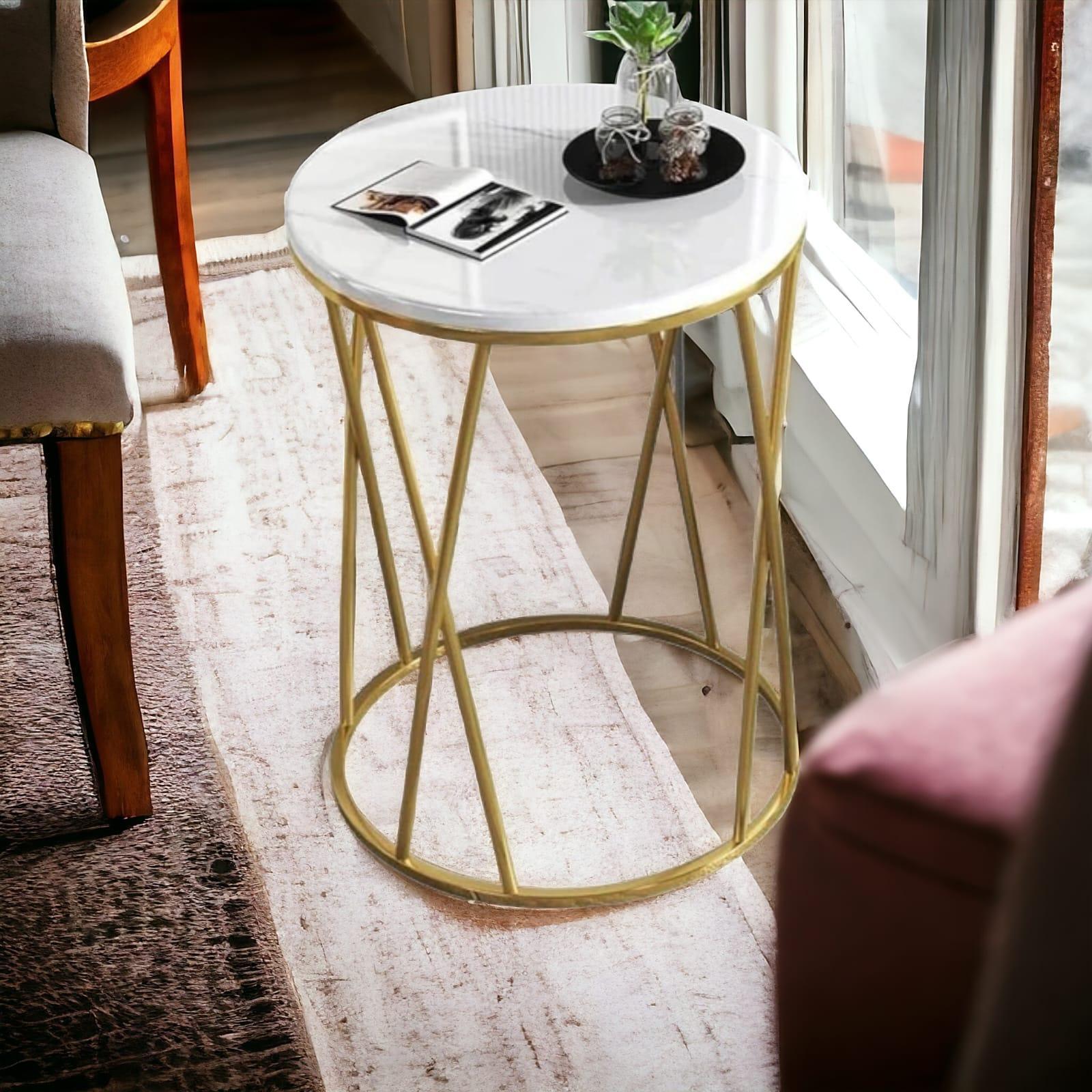 Wooden Twist Round Wrought Iron End Table Stylish Golden Accent - WoodenTwist