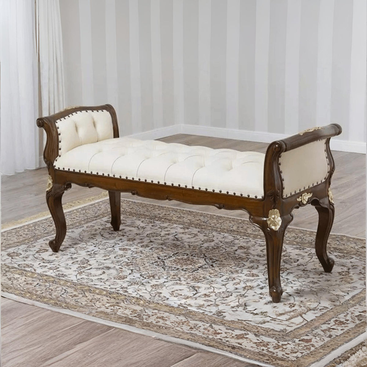 Wooden Twist Carissa Baroque Style Gold Leaf Button Tufted Teak Wood Bench with PU Leather