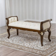 Wooden Twist Carissa Baroque Style Gold Leaf Button Tufted Teak Wood Bench with PU Leather - WoodenTwist
