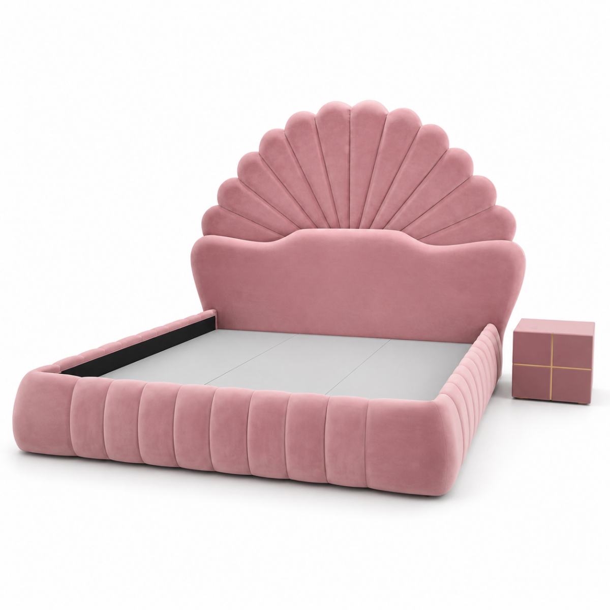 Wooden Twist Amara Shell Luxe Pink Velvet Upholstered Bed with Scallop Headboard Design