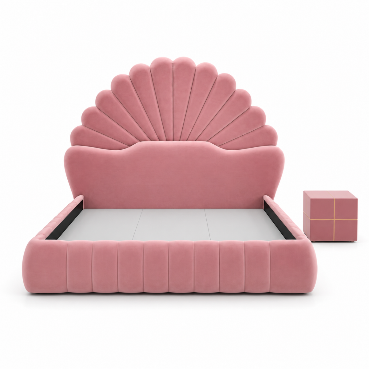 Wooden Twist Amara Shell Luxe Pink Velvet Upholstered Bed with Scallop Headboard Design