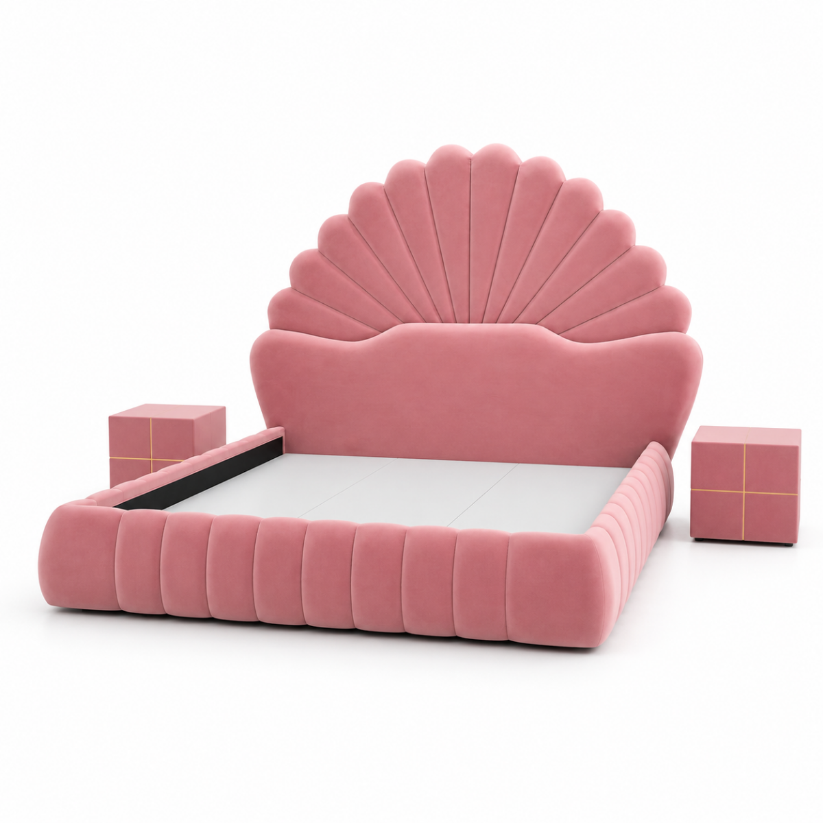 Wooden Twist Amara Shell Luxe Pink Velvet Upholstered Bed with Scallop Headboard Design