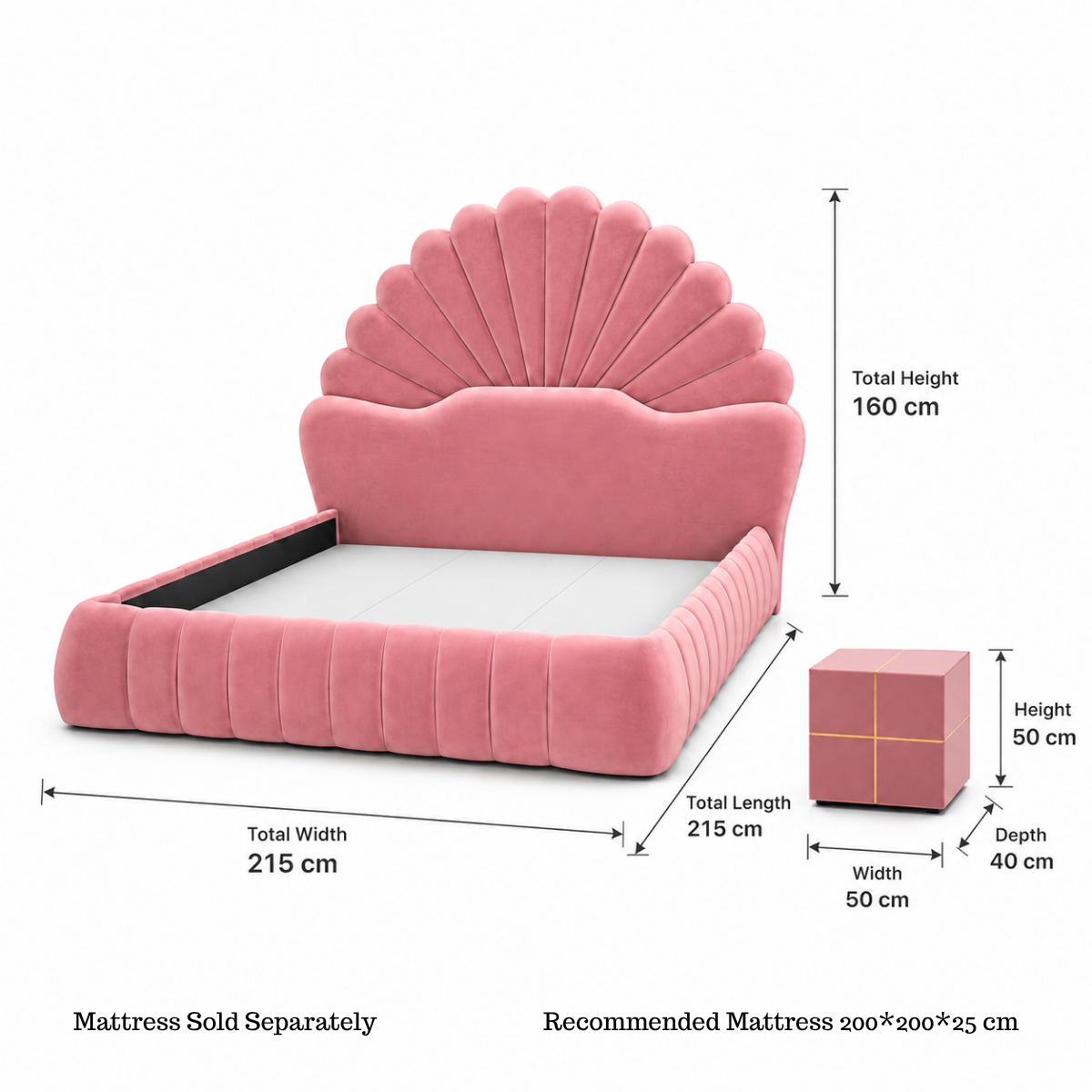 Wooden Twist Amara Shell Luxe Pink Velvet Upholstered Bed with Scallop Headboard Design