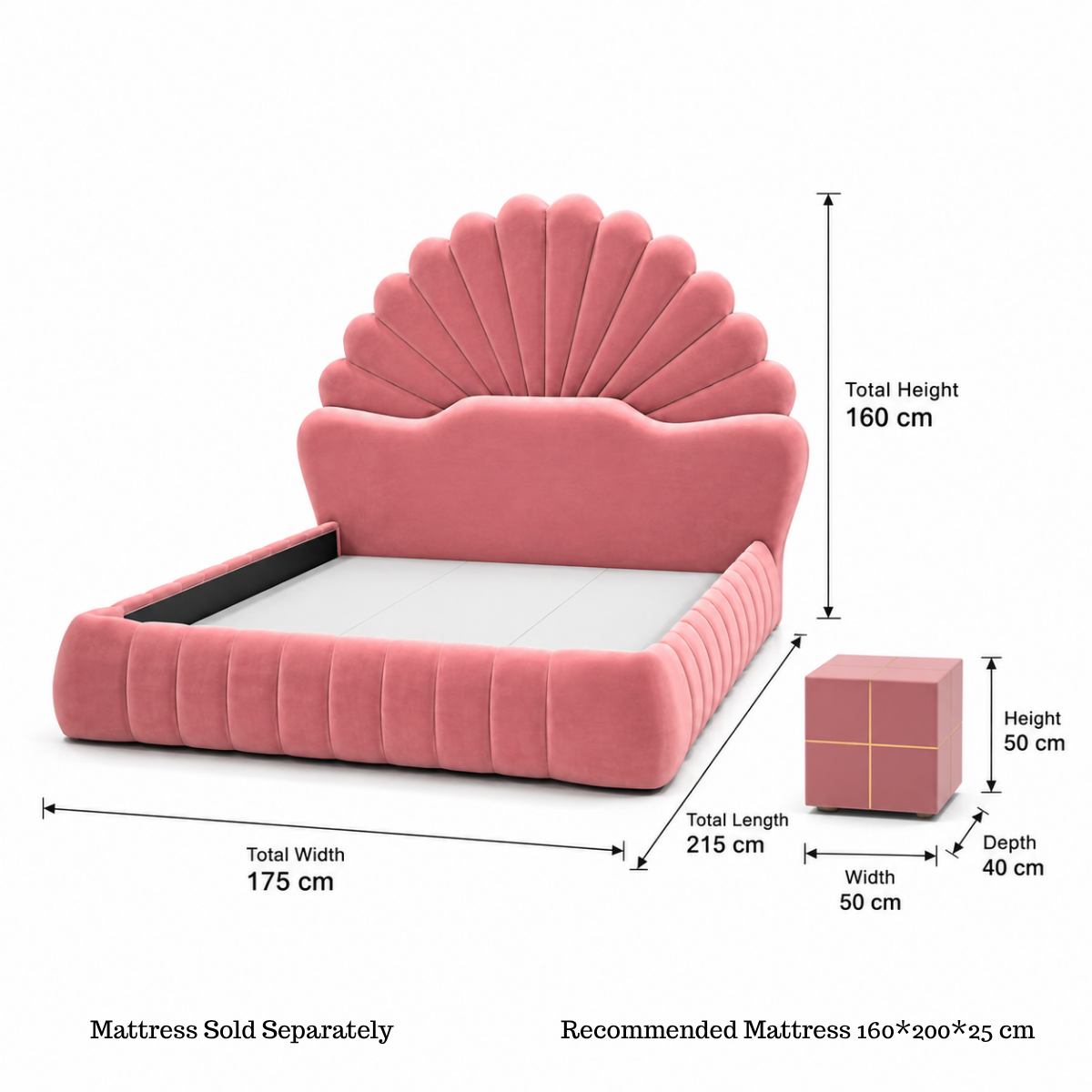 Wooden Twist Amara Shell Luxe Pink Velvet Upholstered Bed with Scallop Headboard Design
