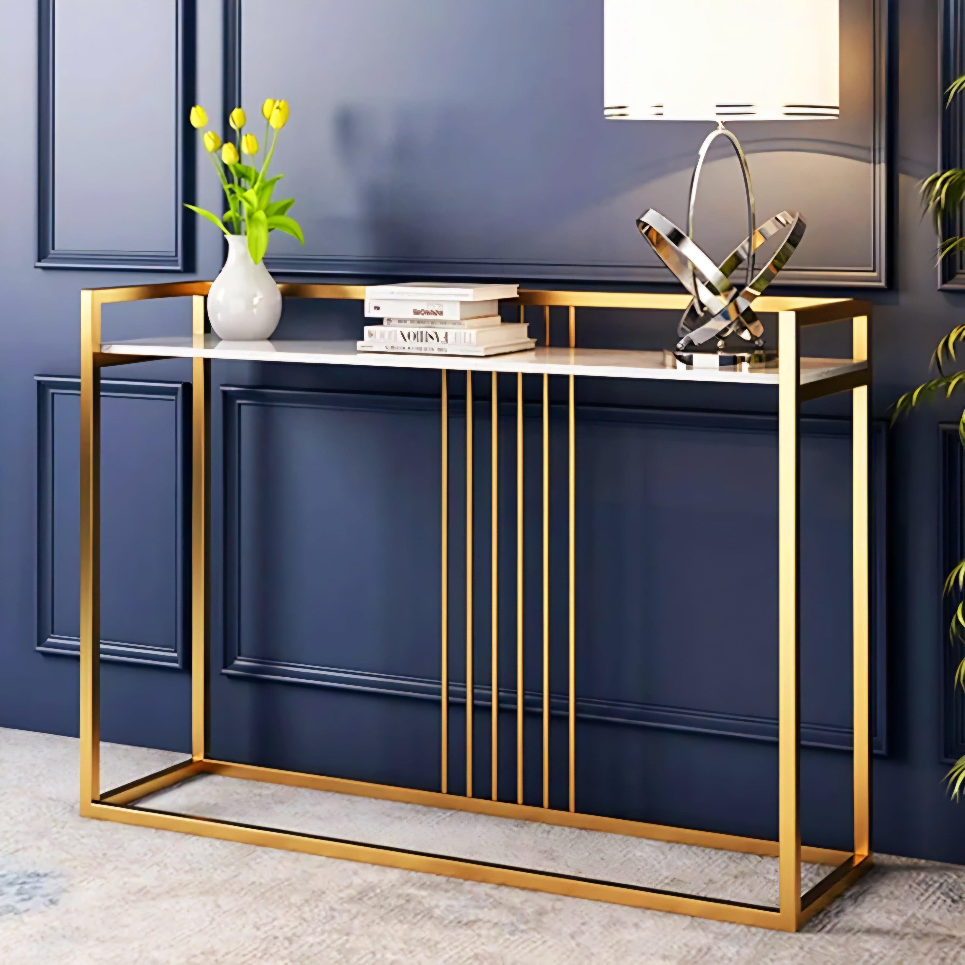 Wooden Twist Carvel Cross Modern Stylish Golden Metallic MDF Laminated Top Console Table - WoodenTwist