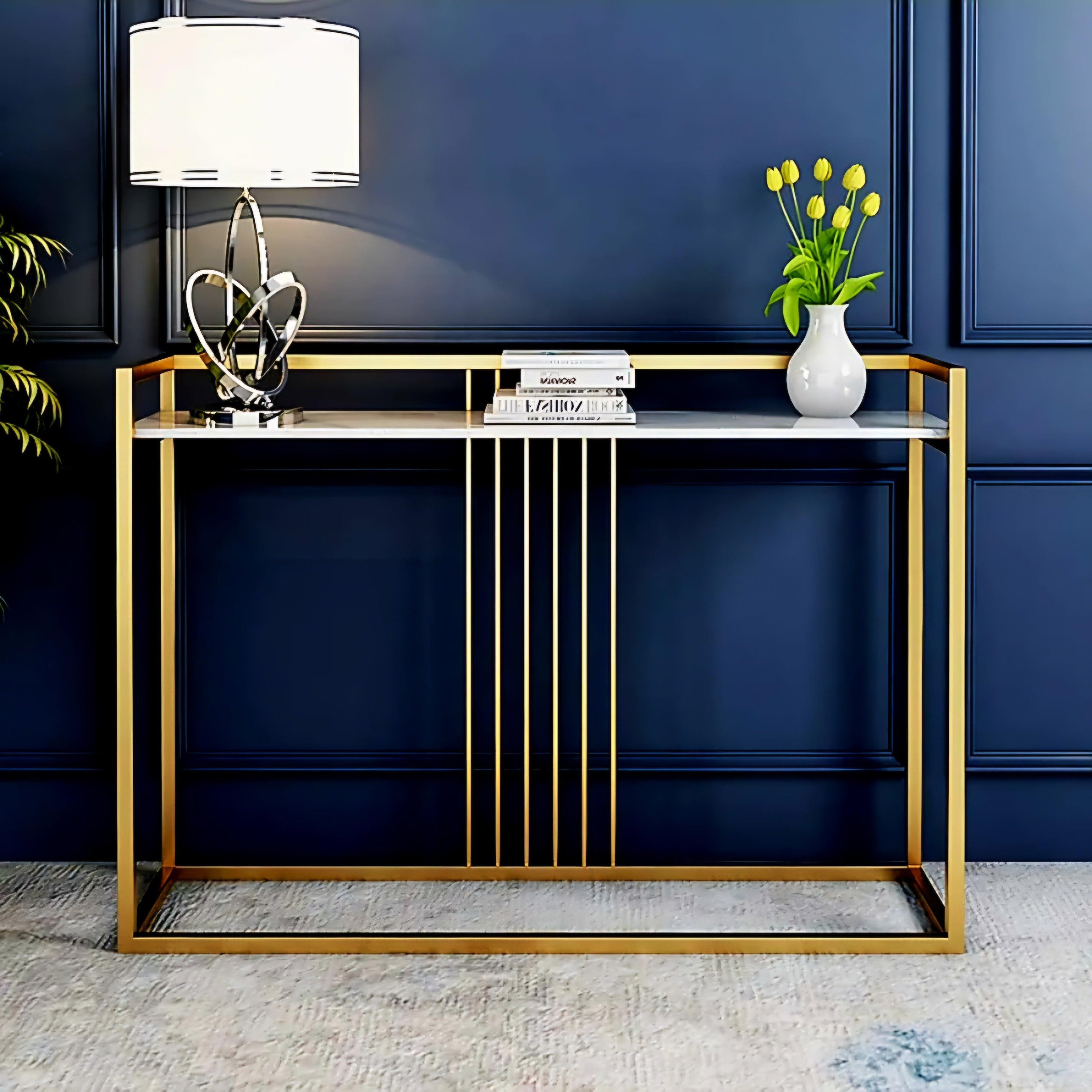 Wooden Twist Carvel Cross Modern Stylish Golden Metallic MDF Laminated Top Console Table - WoodenTwist