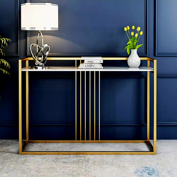Wooden Twist Carvel Cross Modern Stylish Golden Metallic MDF Laminated Top Console Table - WoodenTwist