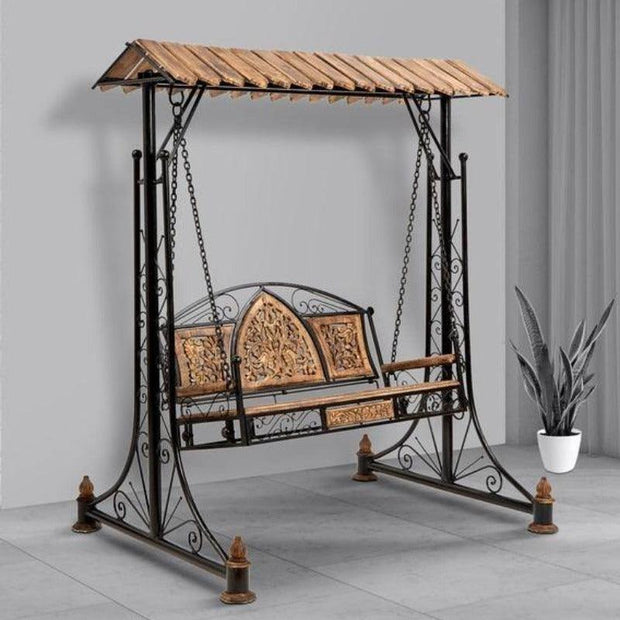Wooden Twist Garden Swing - garden setting overview