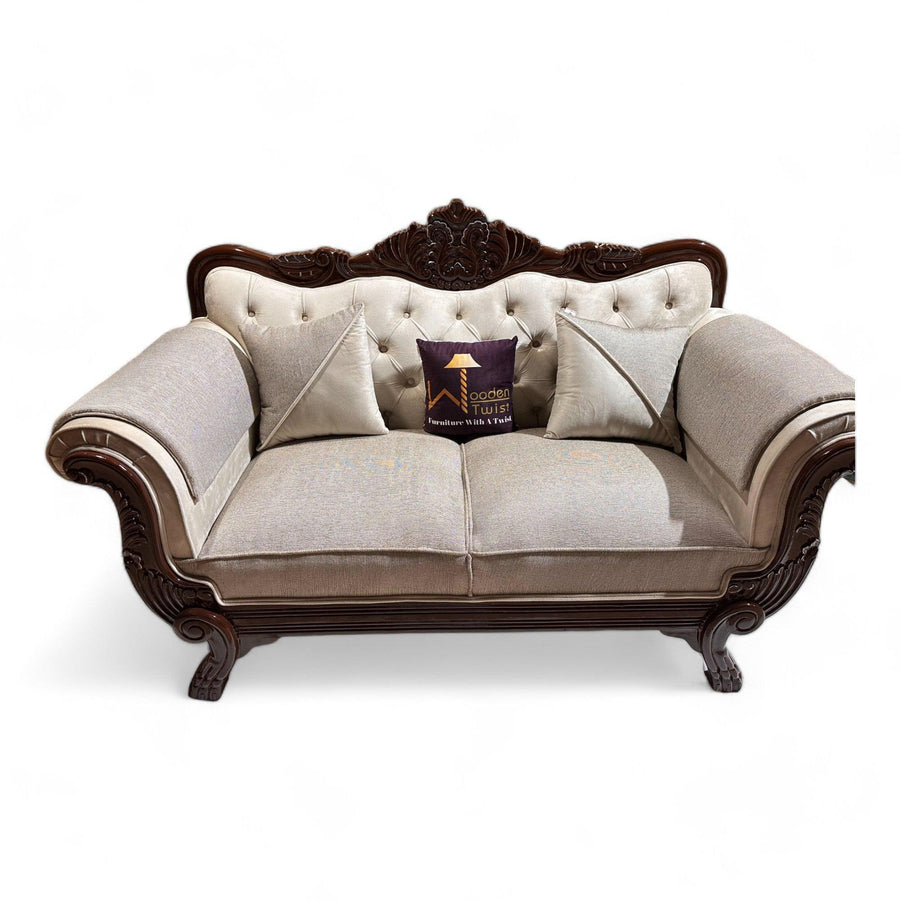 Brown teak with jute and velvet upholstery