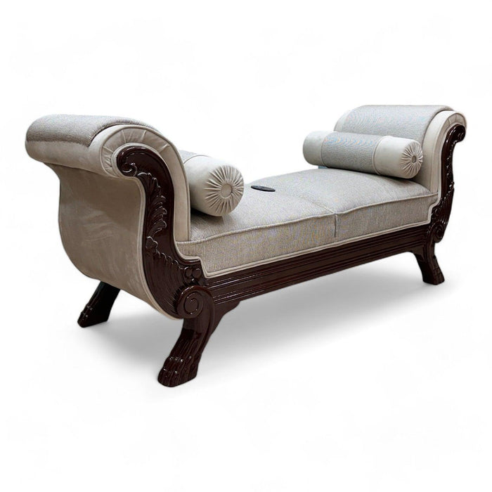Wooden Twist Magnifica Hand Carved Teak Wood Soft Upholstery 2 Seater Bench With Two Roll Cushion