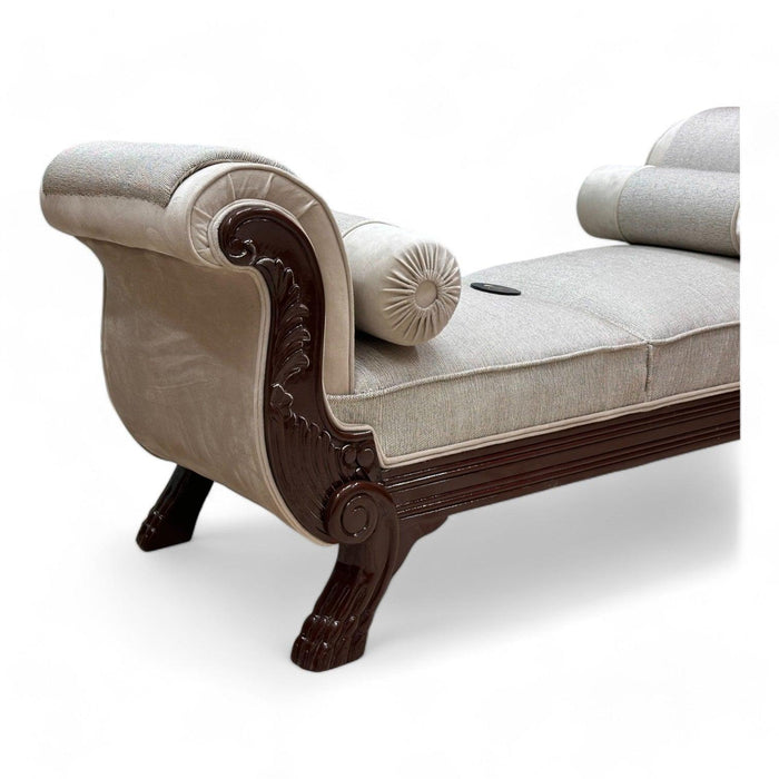 Wooden Twist Magnifica Hand Carved Teak Wood Soft Upholstery 2 Seater Bench With Two Roll Cushion