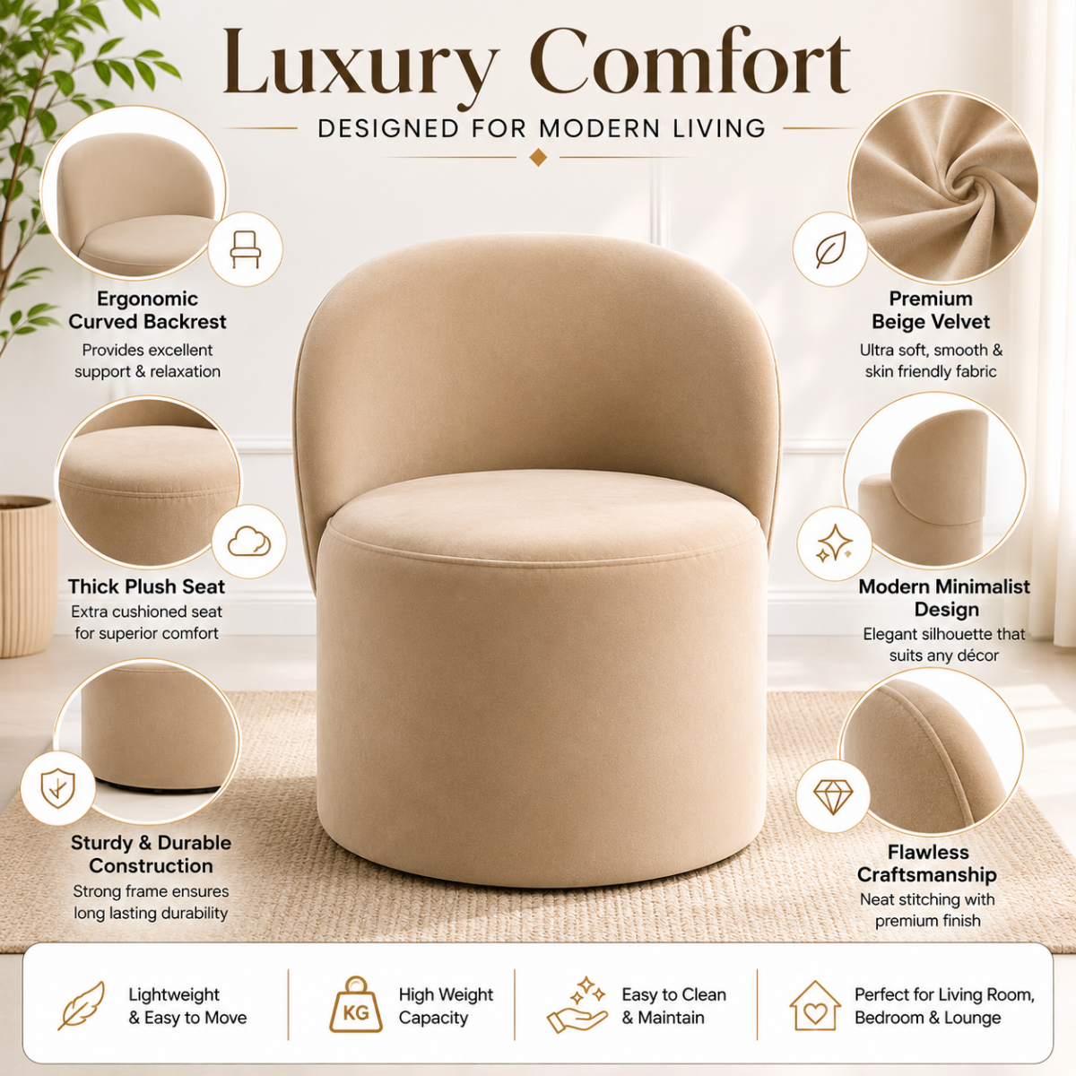 Wooden Twist Luxe Round Velvet Accent Chair