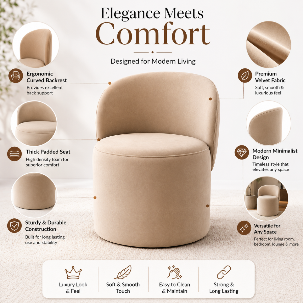 Wooden Twist Luxe Round Velvet Accent Chair